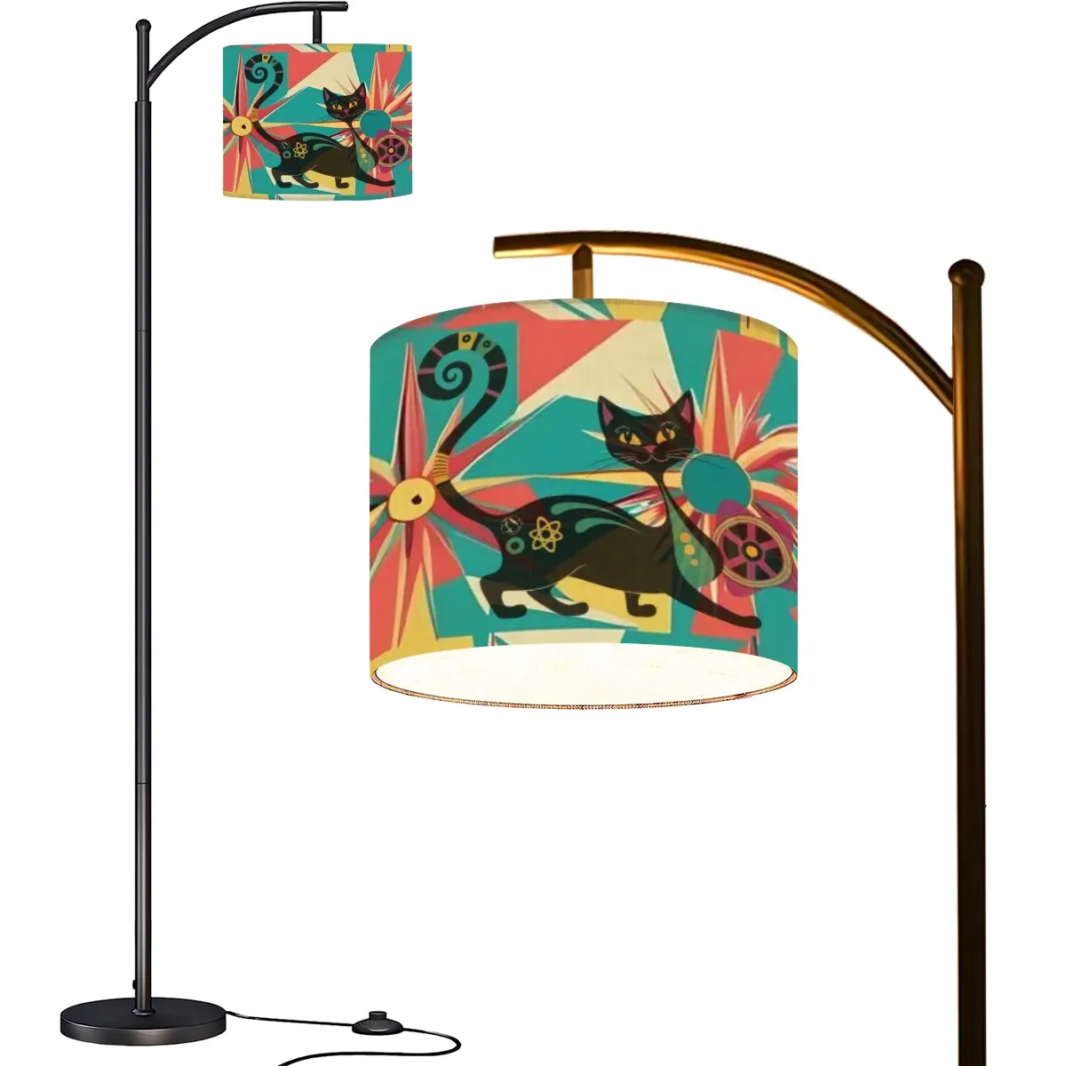 Atomic Cat Mid Century Modern Arc Floor Lamp, Teal, Orange Retro Atomic Starburst Design MCM Floor Lamp