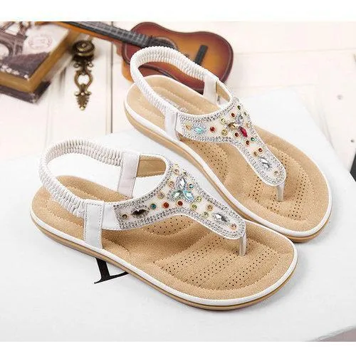 Bohemia Bead Crystal Clip Toe Elastic Flat Slip On Beach Sandals