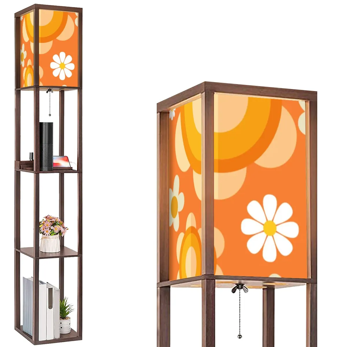 Flower Power Retro Mod Daisy Orange, Mid Century Modern Floor Lamp with Shelves