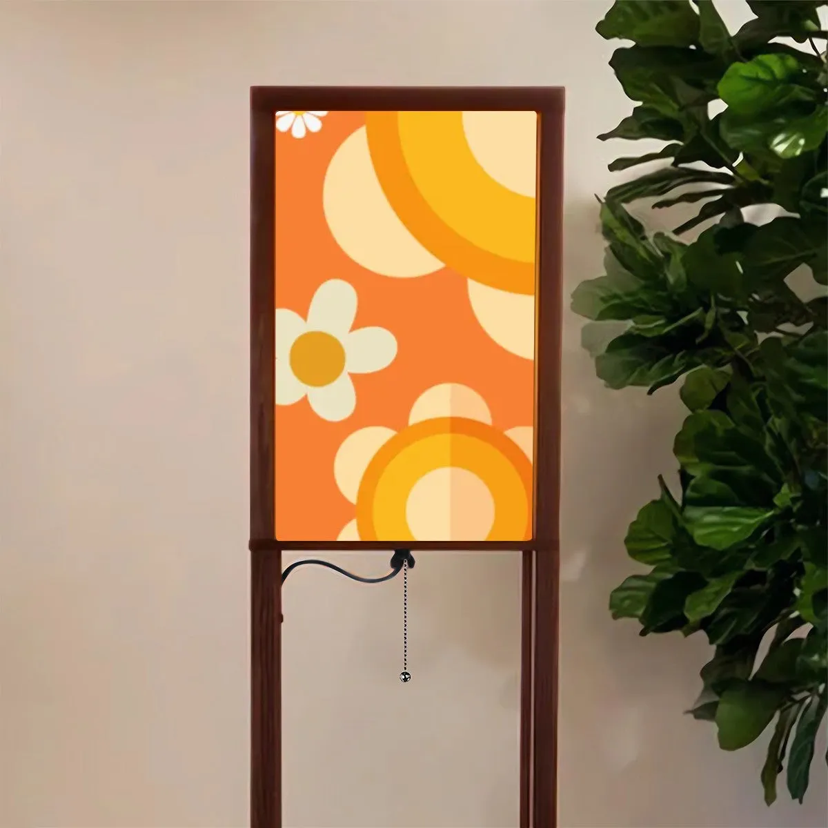 Flower Power Retro Mod Daisy Orange, Mid Century Modern Floor Lamp with Shelves