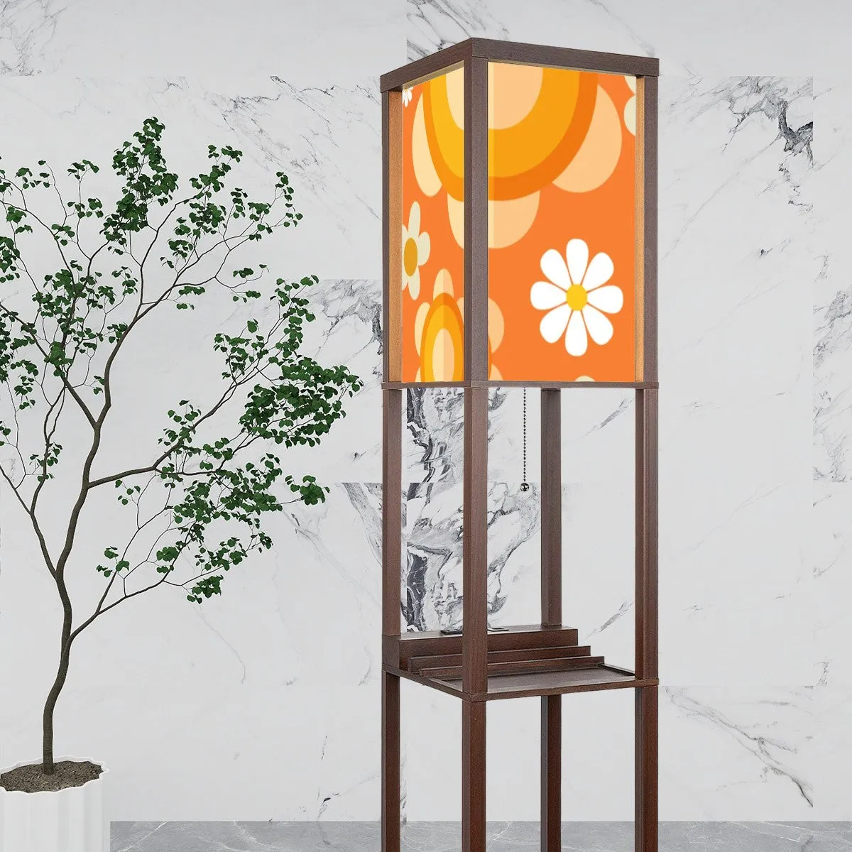 Flower Power Retro Mod Daisy Orange, Mid Century Modern Floor Lamp with Shelves