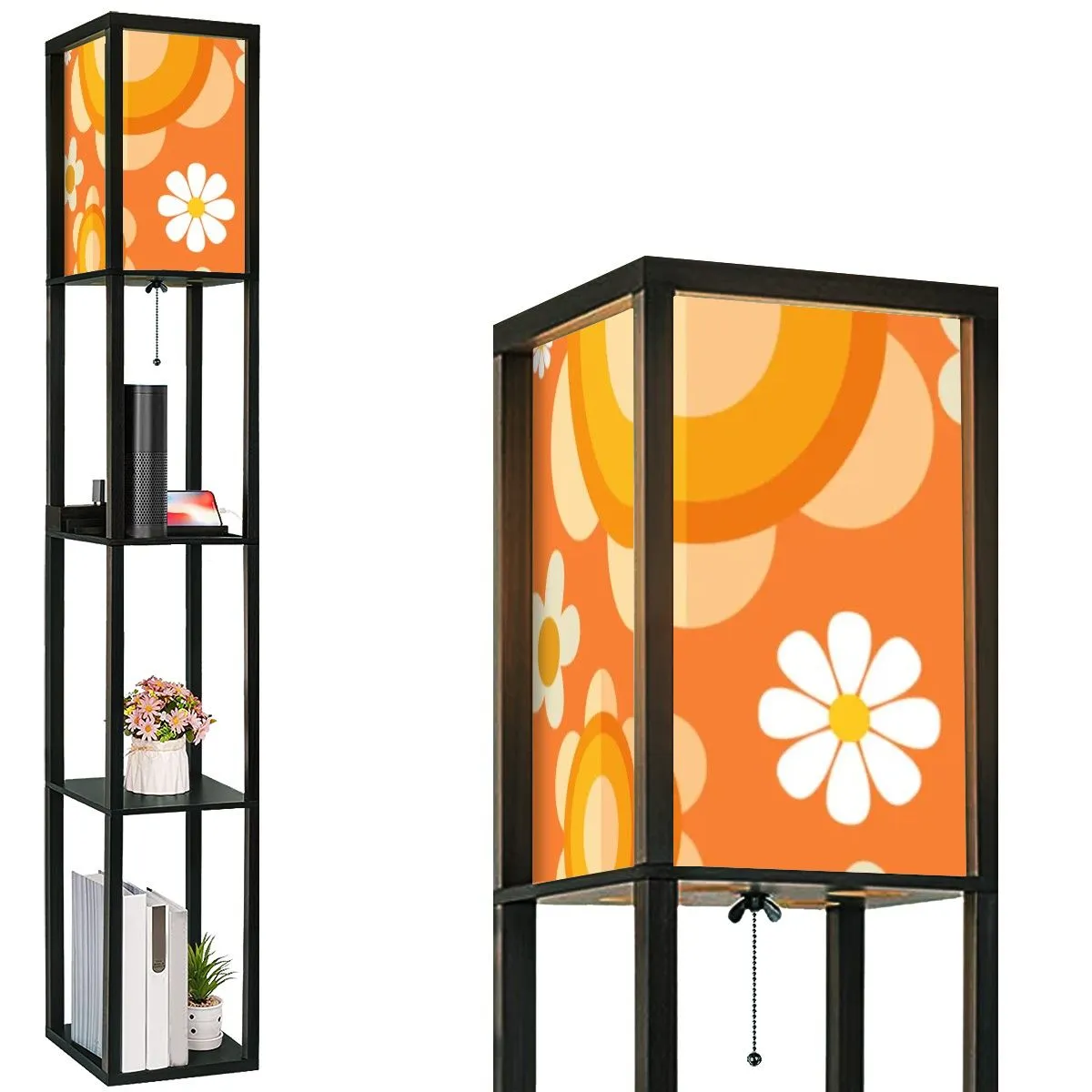 Flower Power Retro Mod Daisy Orange, Mid Century Modern Floor Lamp with Shelves