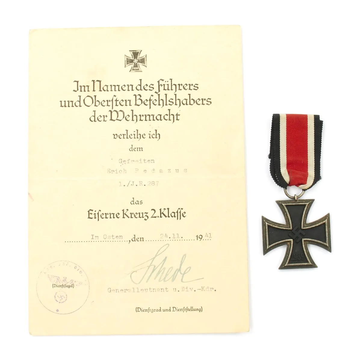 Original German WWII Infantry Regiment 287 Named Medal Grouping with Award Documents