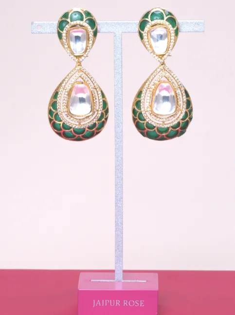 Samsara Green Yellow Gold Statement Earrings Jaipur Rose Designer Indian Jewelry