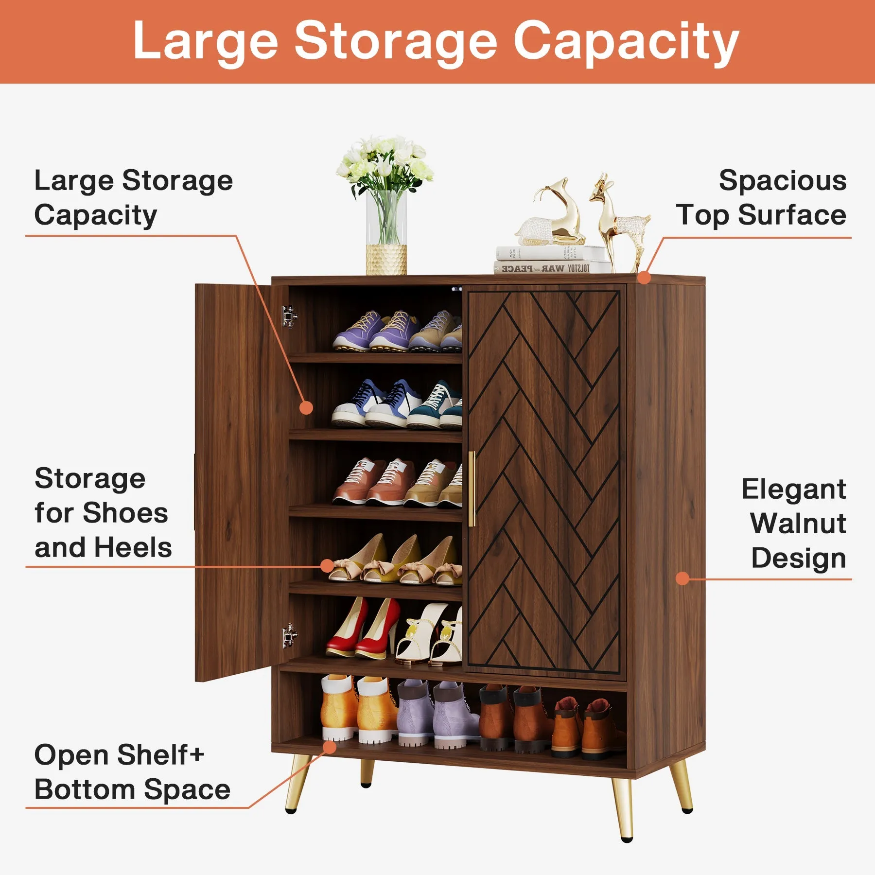 Wooden Shoe Cabinet, 6-Tier Shoe Organizer with Adjustable Shelves